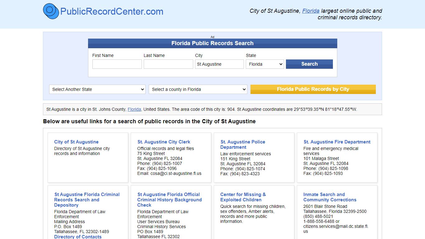 St Augustine, Florida Public Records and Criminal Background Check